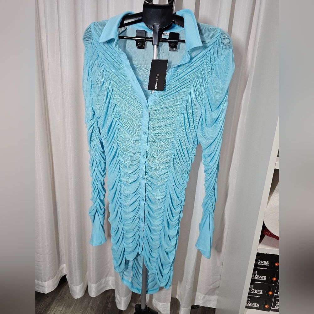 Chic Blue Ruched Sheer Dress